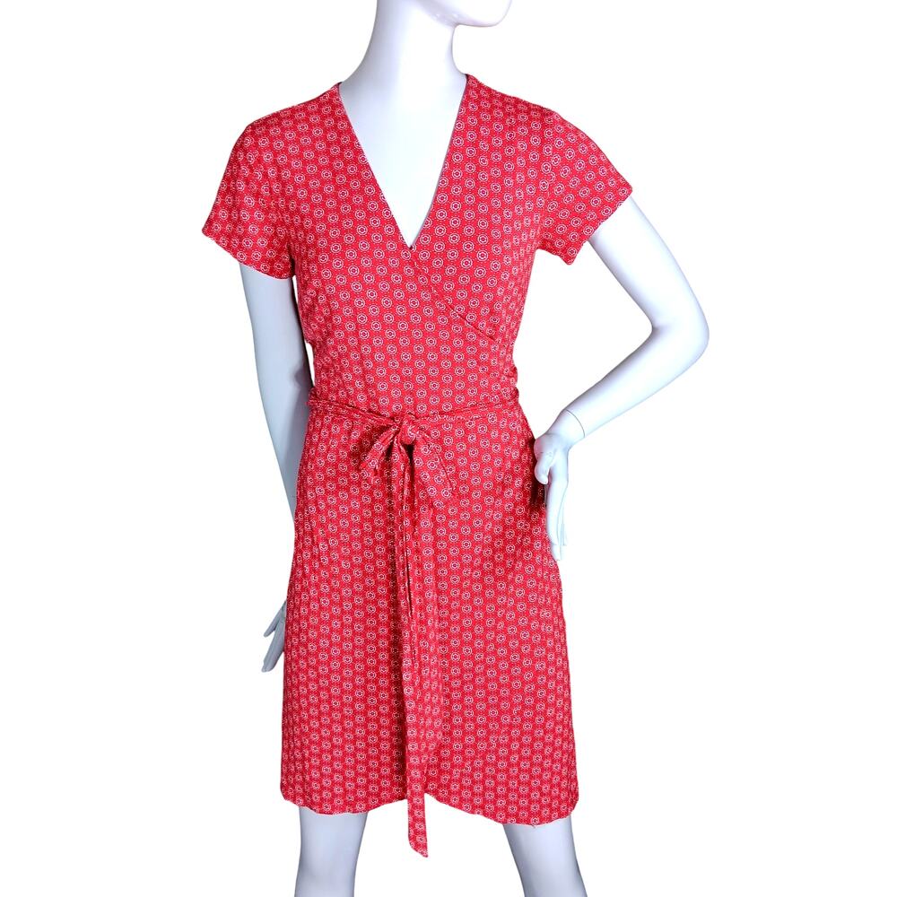 Loft Red Wrap Dress With White Floral Pattern Size 2 Short Sleeve Rayon Blend